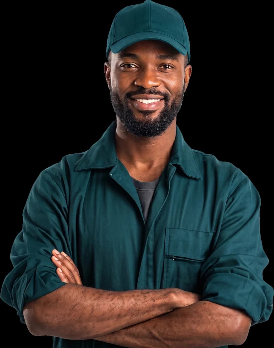Verified HandLancer artisan in work uniform, arms folded